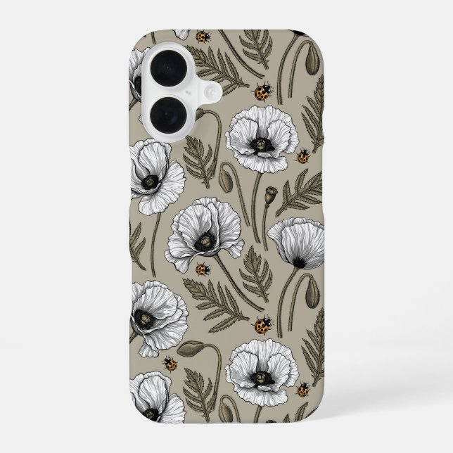 White poppies and ladybugs iPhone 16 case (Back)