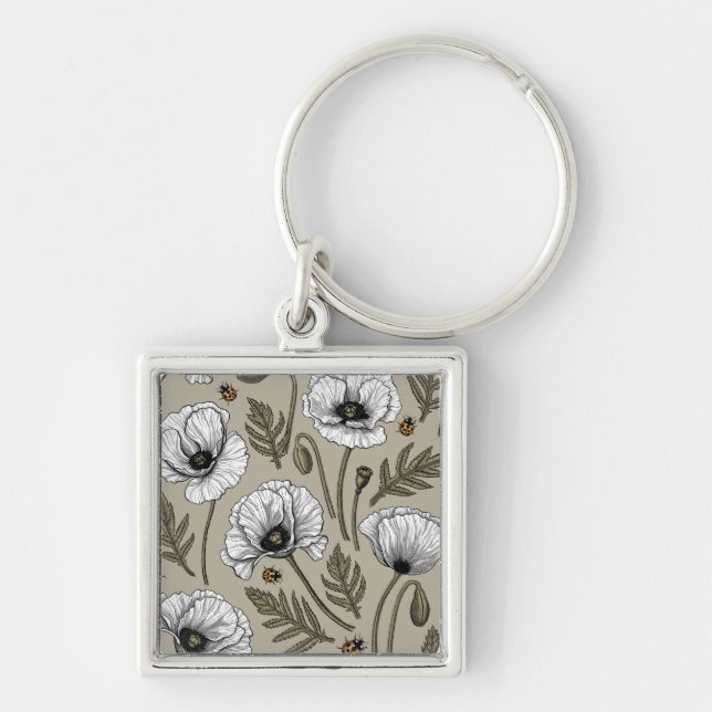 White poppies and ladybugs key ring (Front)