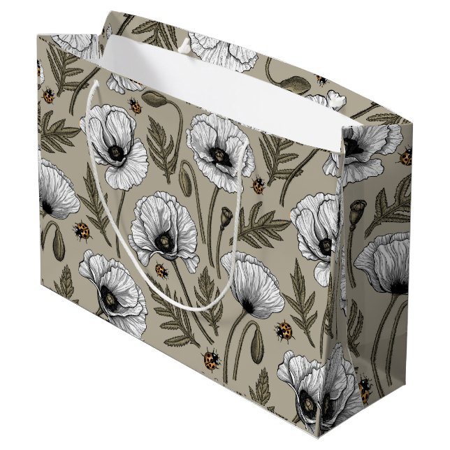 White poppies and ladybugs large gift bag (Back Angled)