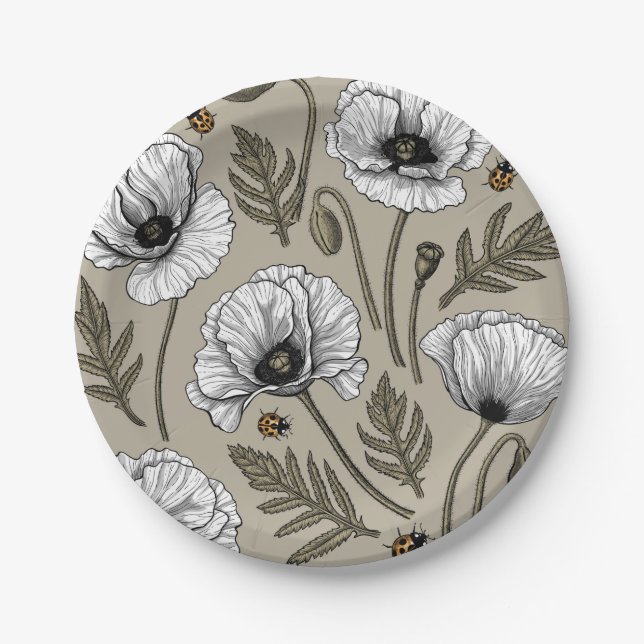 White poppies and ladybugs paper plate (Front)