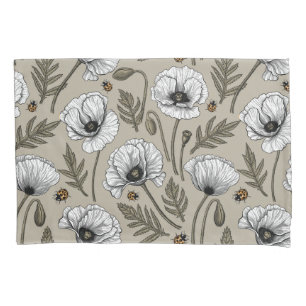 White poppies and ladybugs pillowcase