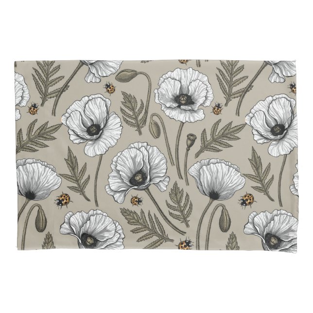 White poppies and ladybugs pillowcase (Front-Left)