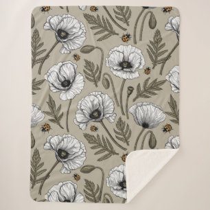 White poppies and ladybugs sherpa blanket