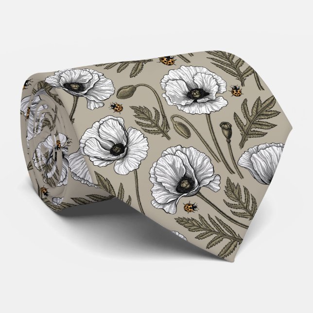 White poppies and ladybugs tie (Rolled)