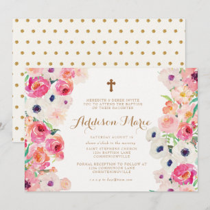 White Poppies and Pink Roses Baptism Invitation