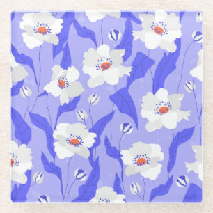 White Poppies: Hand-Drawn Purple Seamless Glass Coaster