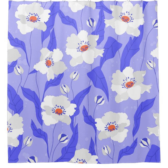 White Poppies: Hand-Drawn Purple Seamless Shower Curtain (Front)