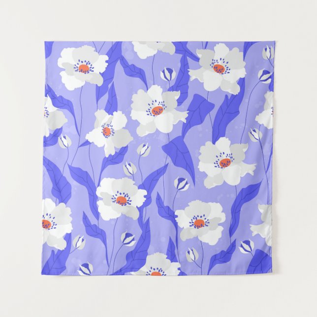 White Poppies: Hand-Drawn Purple Seamless Tapestry (Front)