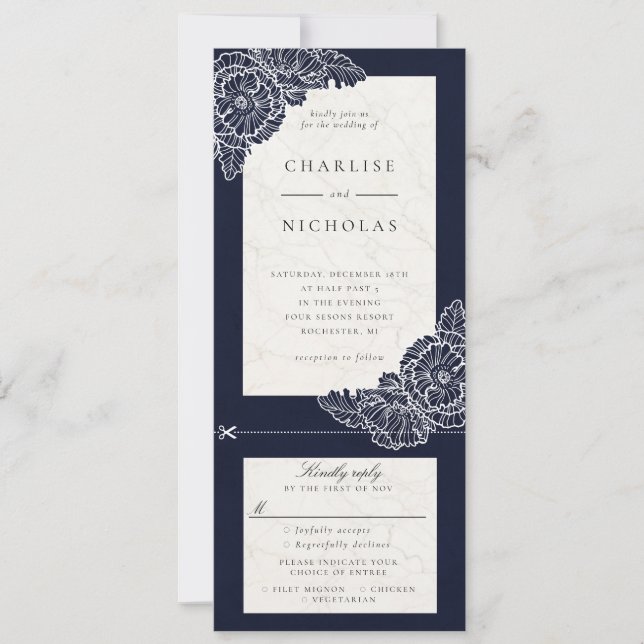 White poppies navy floral wedding invitation rsvp (Front)