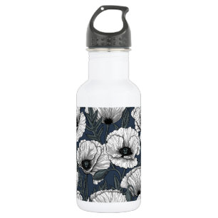 White poppies on navy 532 ml water bottle