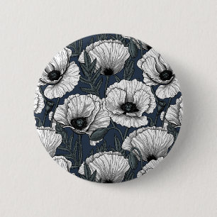 White poppies on navy 6 cm round badge
