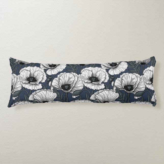White poppies on navy body cushion (Front)