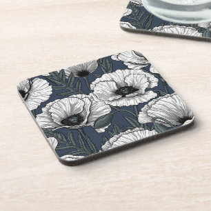 White poppies on navy coaster