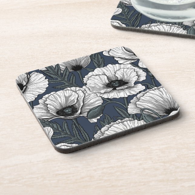 White poppies on navy coaster (Left Side)