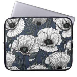 White poppies on navy laptop sleeve