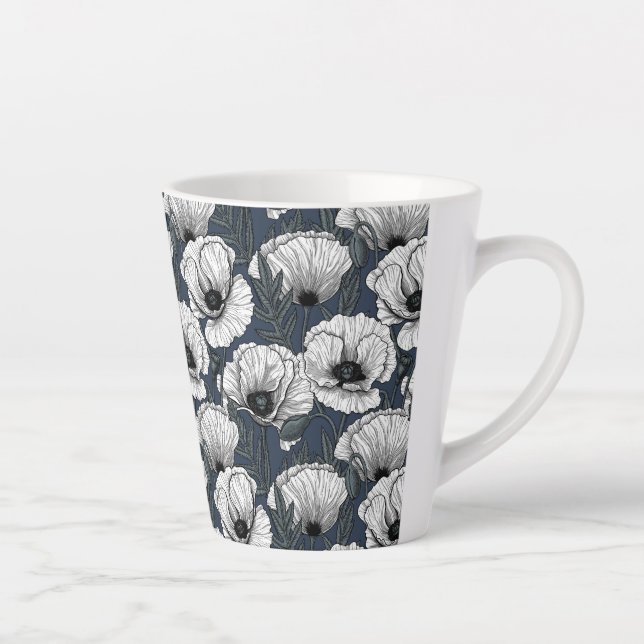 White poppies on navy latte mug (Right)