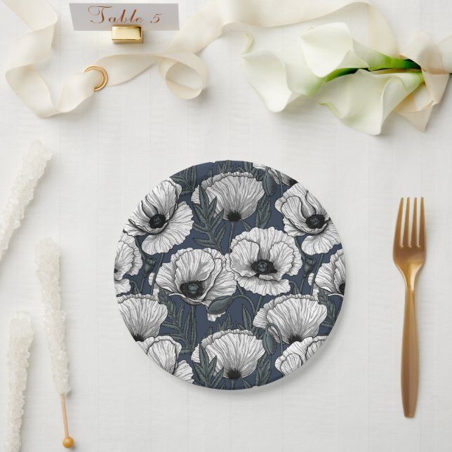 White poppies on navy paper plate (Wedding)
