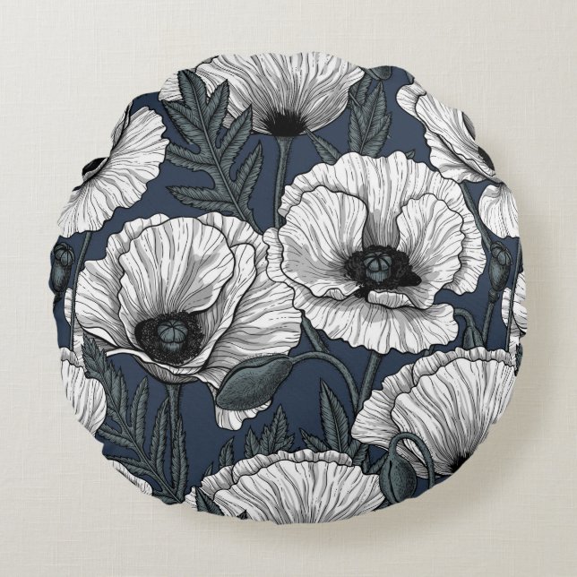 White poppies on navy round cushion (Front)