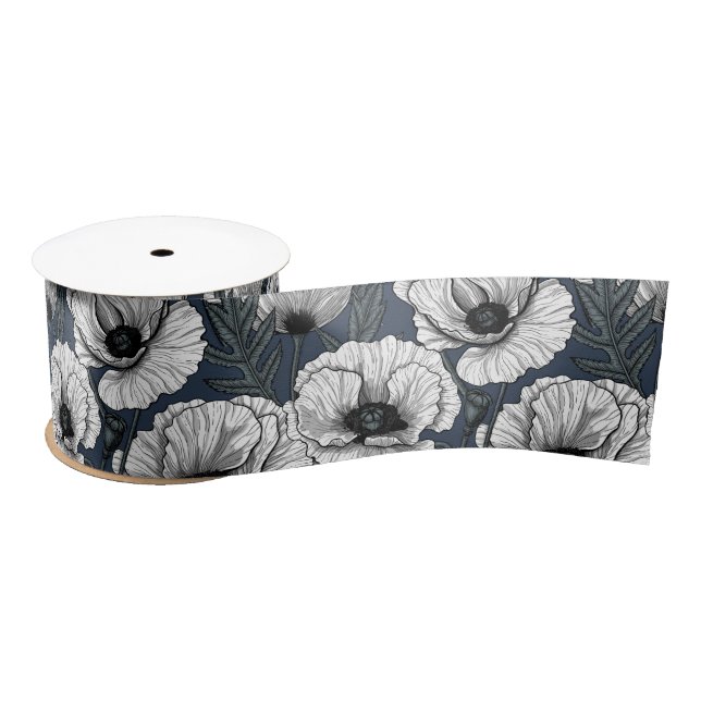 White poppies on navy satin ribbon (Spool)
