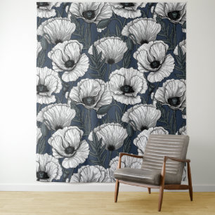 White poppies on navy tapestry