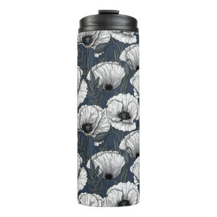 White poppies on navy thermal tumbler