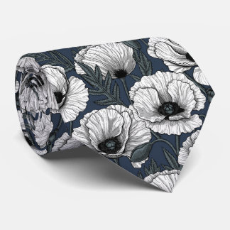 White poppies on navy tie
