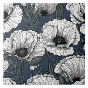 White poppies on navy tile