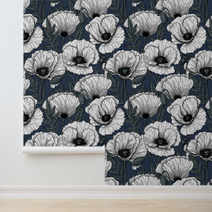 White poppies on navy wallpaper