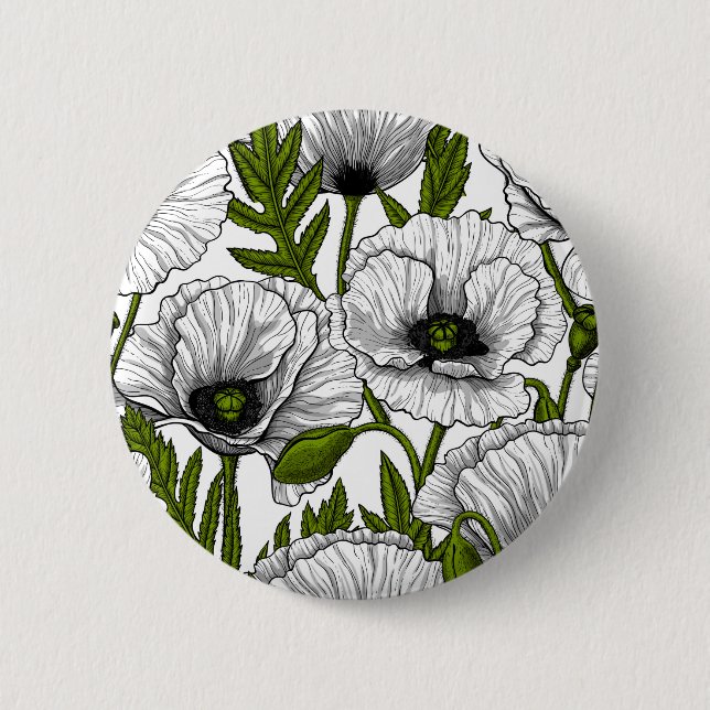 White poppies on white 6 cm round badge (Front)