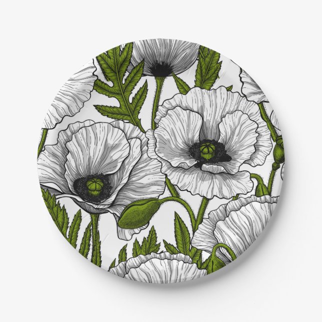 White poppies on white paper plate (Front)