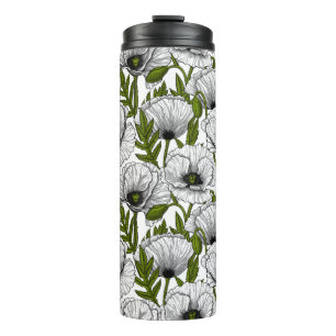 White poppies on white thermal tumbler