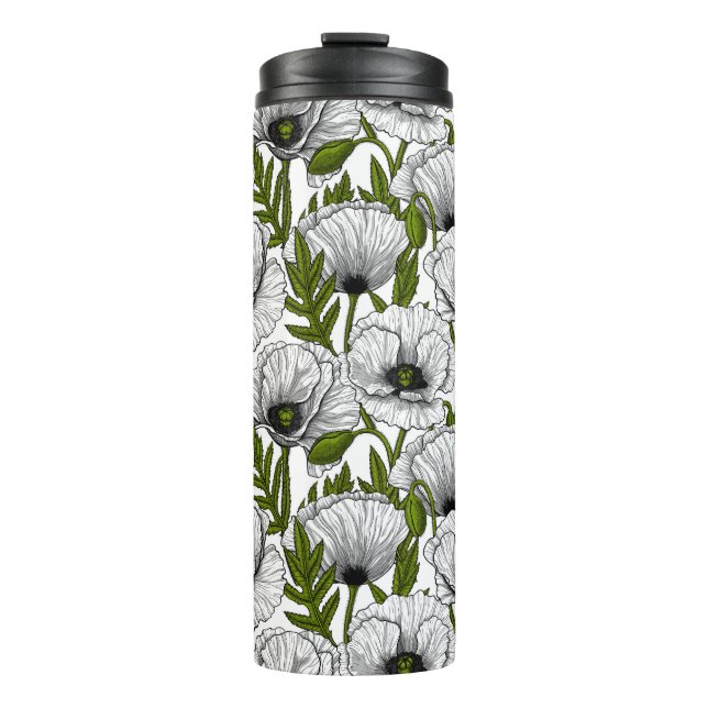 White poppies on white thermal tumbler (Front)