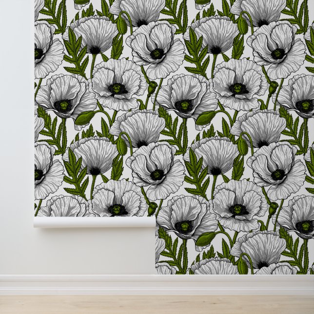 White poppies on white wallpaper (Application)