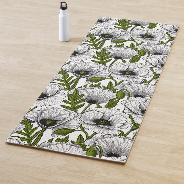 White poppies on white yoga mat (In Situ)