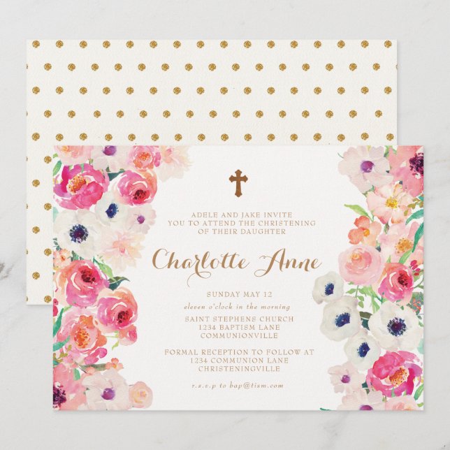 White Poppies & Pink Roses Christening Invitation (Front/Back)