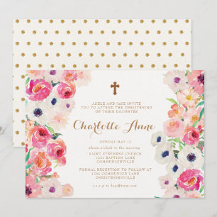 White Poppies & Pink Roses Christening Invitation
