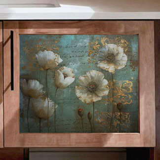 White Poppies with Teal Decoupage Tissue Paper