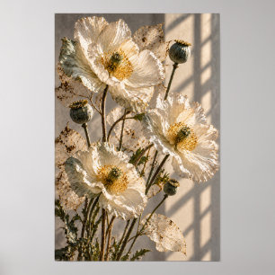 White Poppy Blossoms and Seed Pods Botanical Wall Poster