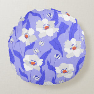 White poppy flowers seamless pattern. Beautiful ha Round Cushion