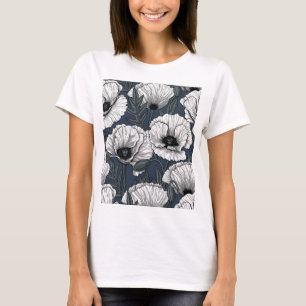 White poppy garden on navy T-Shirt