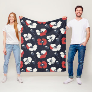 White Poppy Pattern with Red and Blue Accents Fleece Blanket