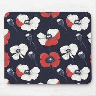 White Poppy Pattern with Red and Blue Accents Mouse Mat