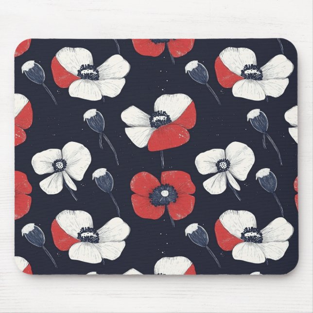 White Poppy Pattern with Red and Blue Accents Mouse Mat (Front)