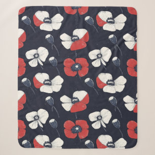 White Poppy Pattern with Red and Blue Accents Sherpa Blanket