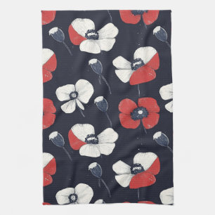 White Poppy Pattern with Red and Blue Accents Tea Towel