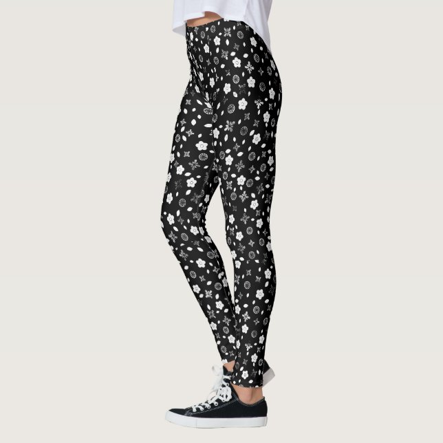 White Posies on Black Leggings (Left)