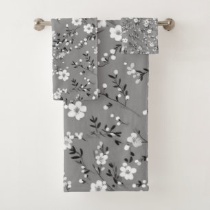 White Posies On Grey Bath Towel Set