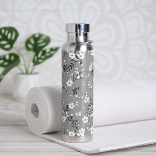 White Posies On Grey Water Bottle