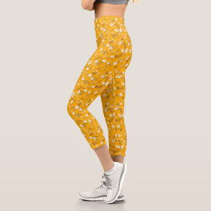 White Posy Print On Gold Capri Leggings