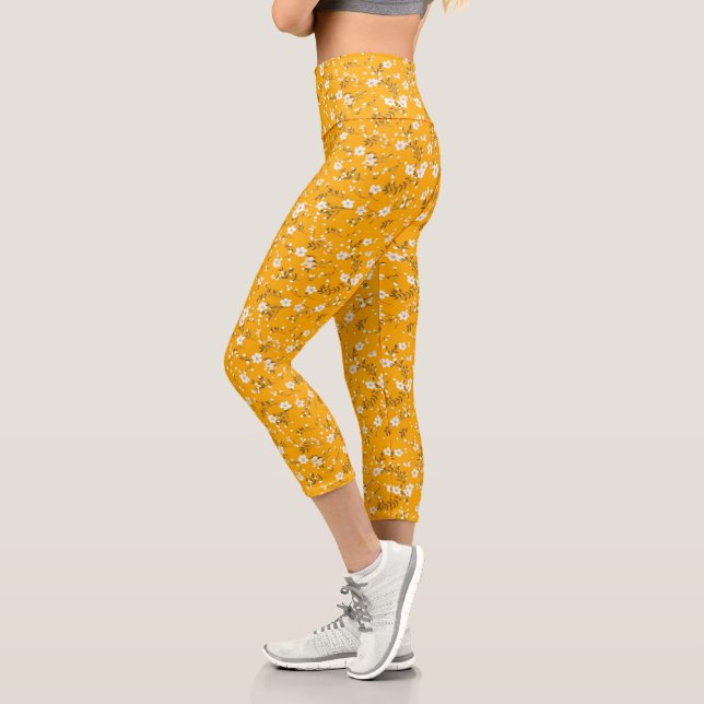 White Posy Print On Gold Capri Leggings (Left)
